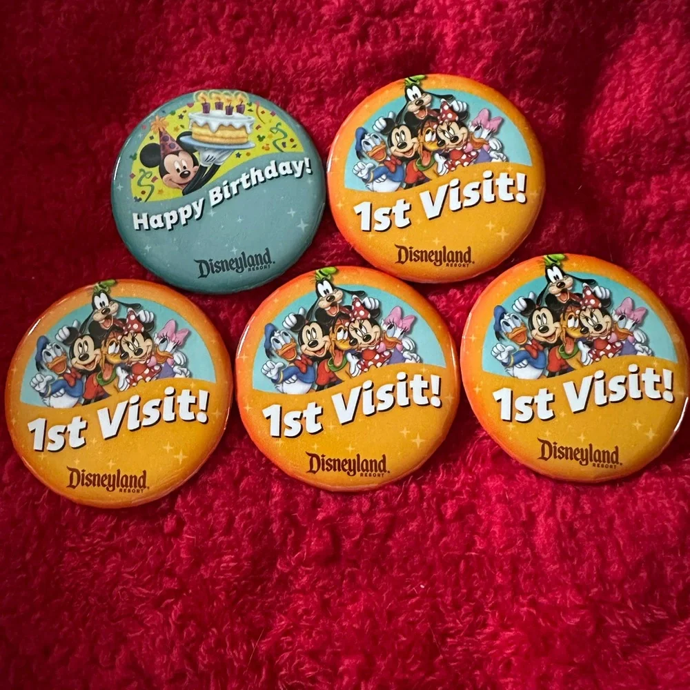 Disney 1st Visit and Happy Birthday Buttons - Orange, Blue, and Green